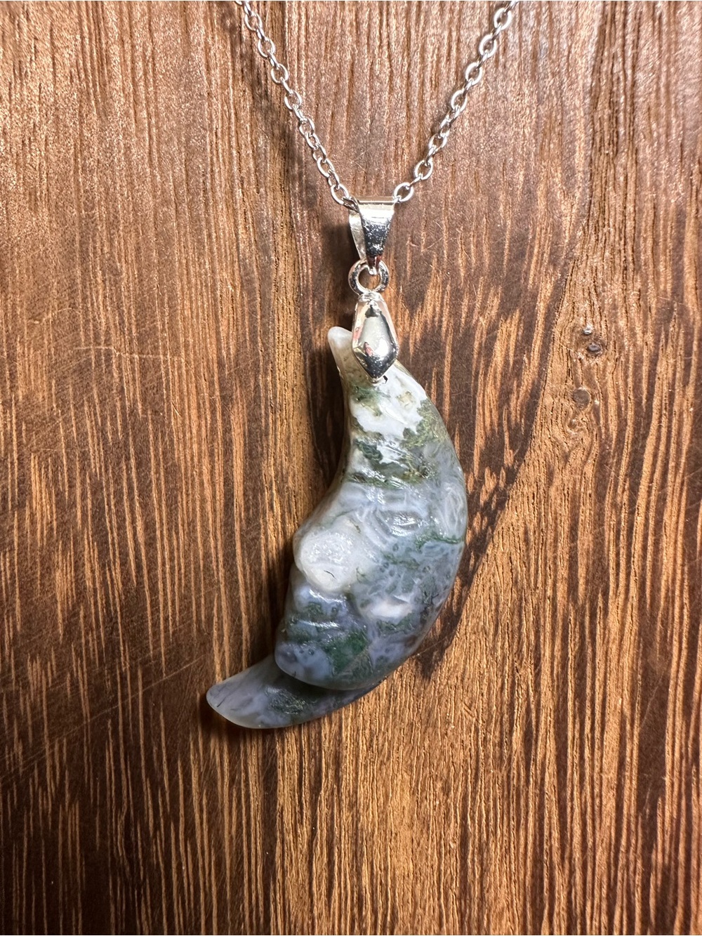Green Moss Agate Moon Pendant with Silver Plated Chain